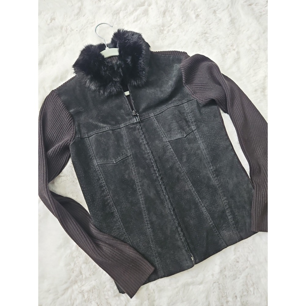 Escapade Vintage Y2K Suede‎ Leather Ribbed Knit Jacket Faux Fur Collar Black S